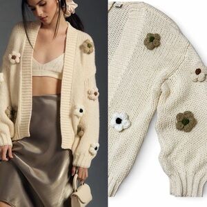 Anthropologie Anna & Ava 3D Flower Cardigan Sweater Chunky Knit Oversized Boho
